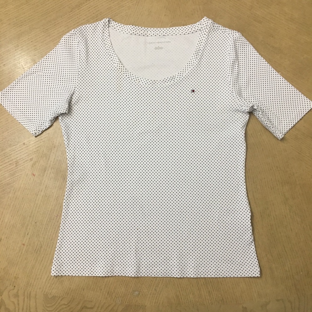 Tommy Hilfiger Top White Blue Polka Dot Shirt Size M